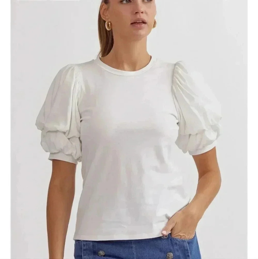 Entro Off White Ruched Sleeve Crew Neck White Tee Sz S